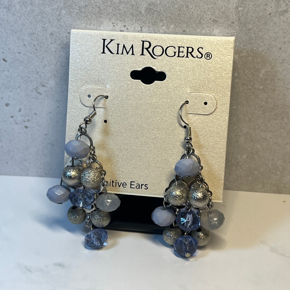 Kim Rogers Blue Silver Beaded Chandelier Earrings Boho Chic Sensitive Ears